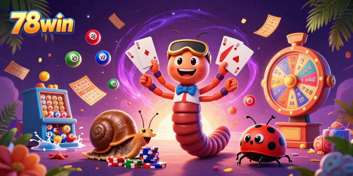 Engage in the thrilling gameplay of 78win with a vibrant 3D casino scene featuring a whimsical millipede dealer and high-rolling snail.