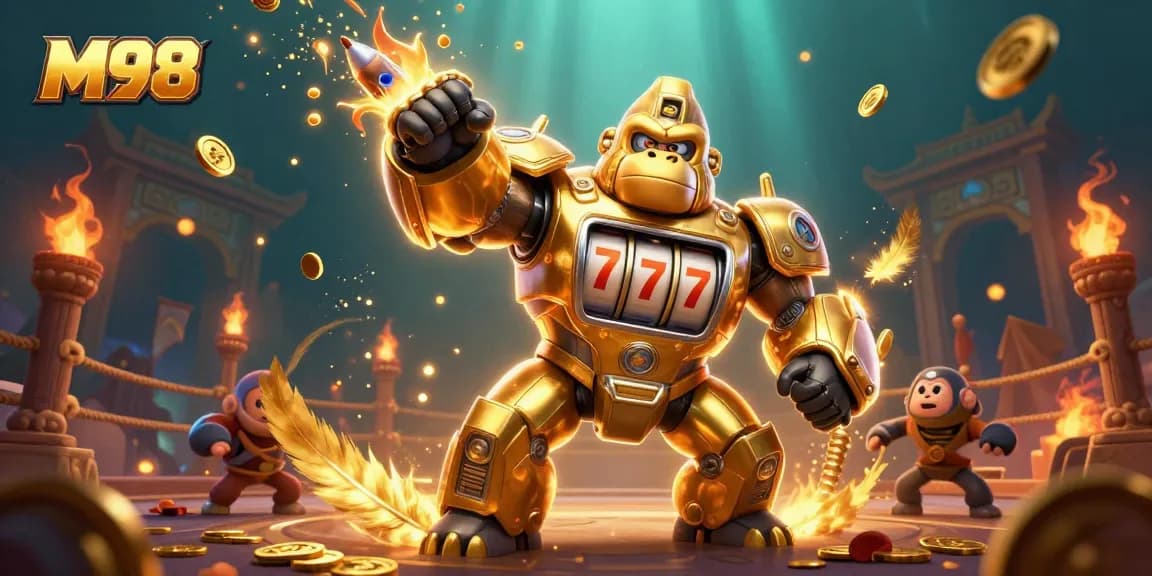 M98 gaming scene featuring a golden gorilla mech amidst dynamic casino elements, showcasing exciting action