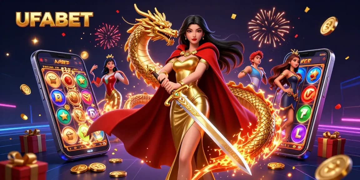 Engage with UFABET's vibrant online casino experience featuring dynamic slot games, celebratory visuals, and captivating characters.