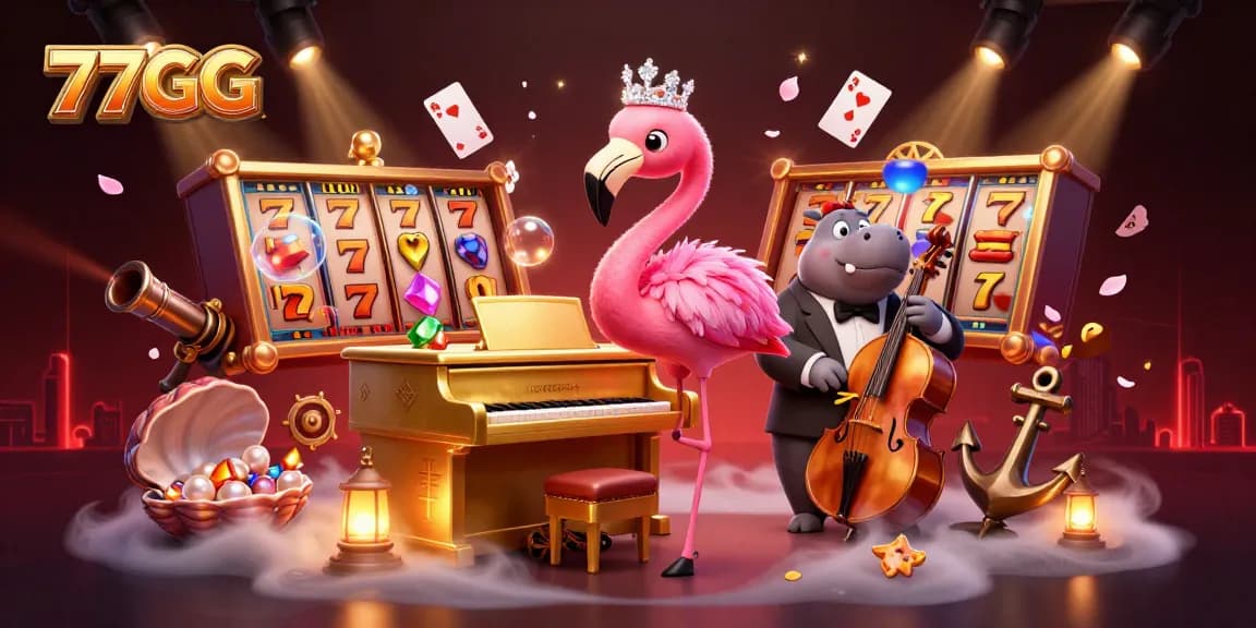 Experience thrilling slots and wins with 77GG at this vibrant online casino illustration.