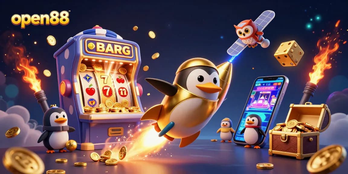 Experience the thrill of open88 with a golden penguin racing towards a jackpot, surrounded by vibrant casino elements.