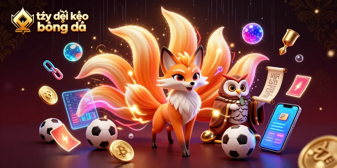 Engage with tỷ lệ kèo bóng đá through a vibrant scene featuring a mystical fox and an owl, enriched with crypto elements.