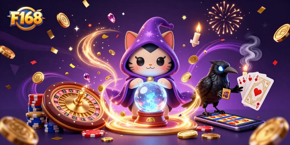 Experience thrilling gameplay at F168 with a mystic cat, tarot raven, and candle flames amid casino excitement