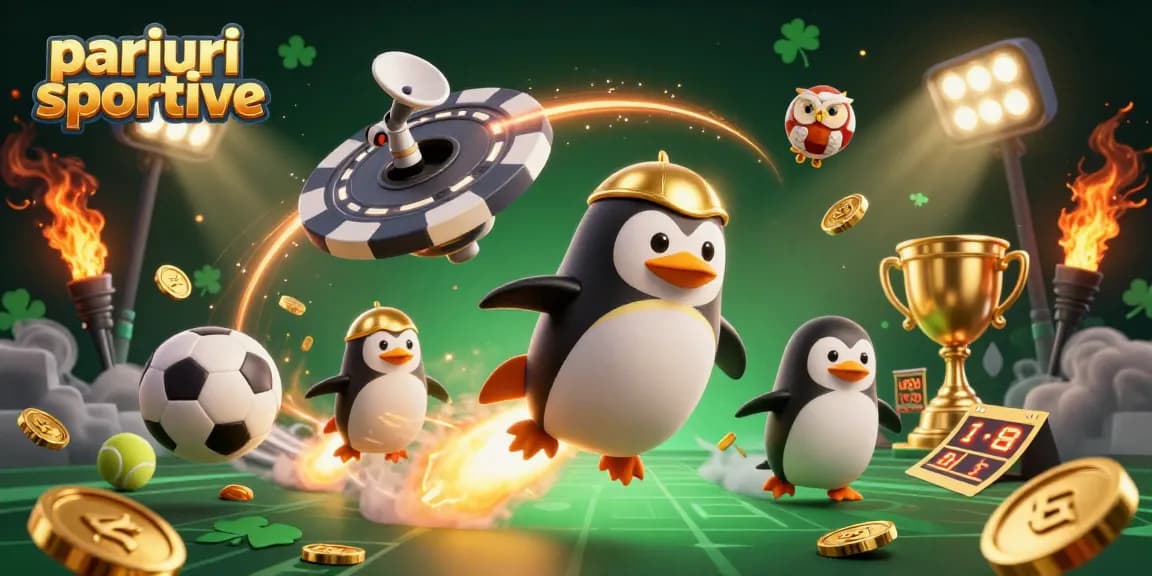 Pariuri sportive captivante cu un pinguin zburător printre mingi de sport și trofee aurii.