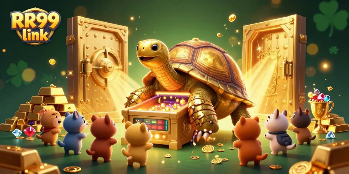 Play exciting games at RR99 link featuring vibrant treasure with golden tortoise and gems.