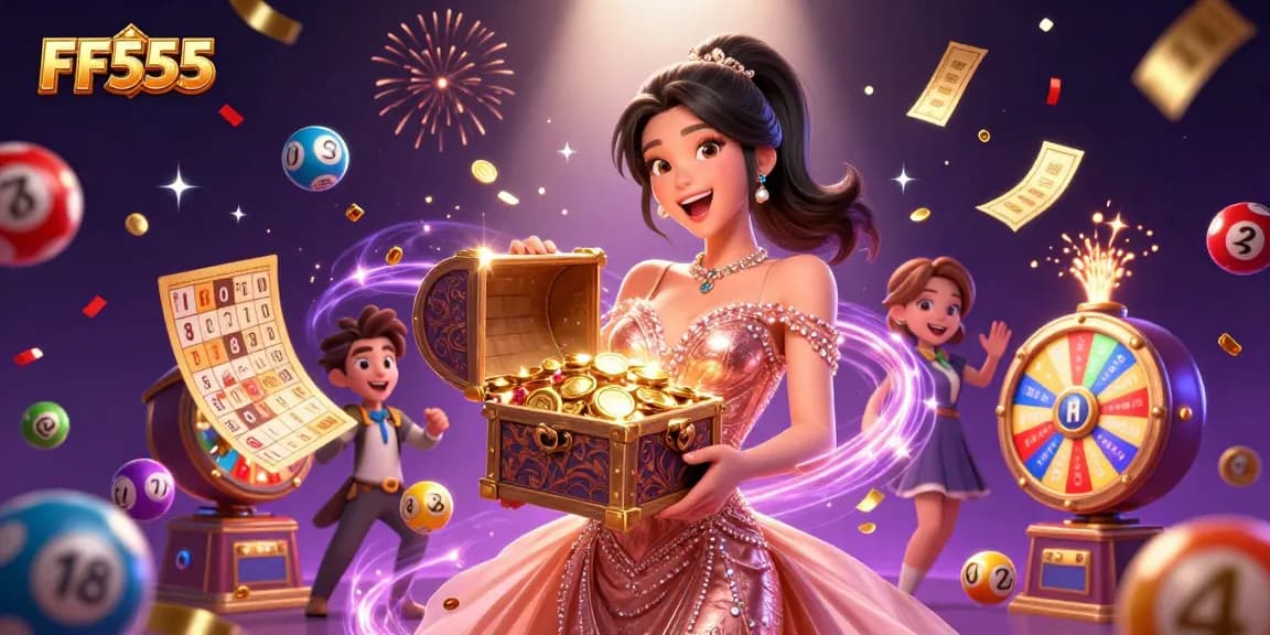 Win big with FF555 in an exciting casino scene full of treasures and vibrant elements.