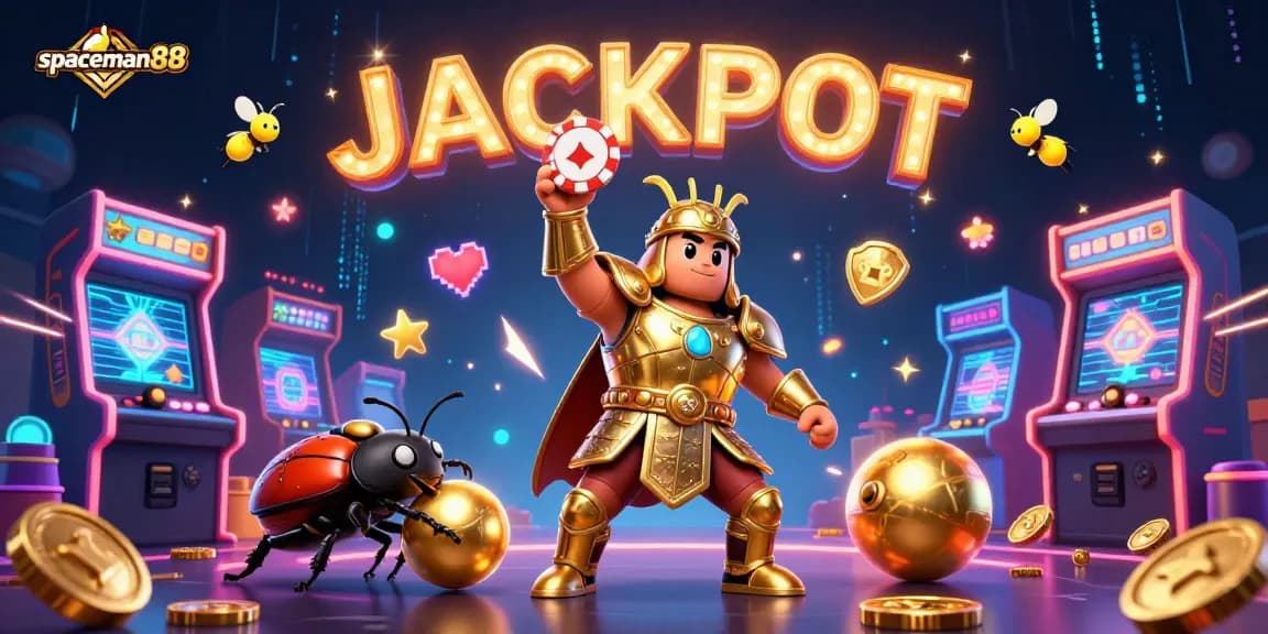 Experience the thrill with spaceman88 as a victorious beetle lifts a poker chip, celebrating jackpots amidst vibrant casino elements.