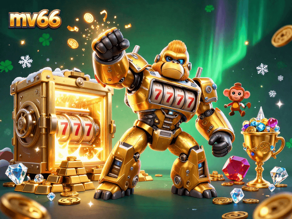 Experience the excitement of mv66 with a dynamic scene featuring a golden gorilla mech amidst casino treasures.