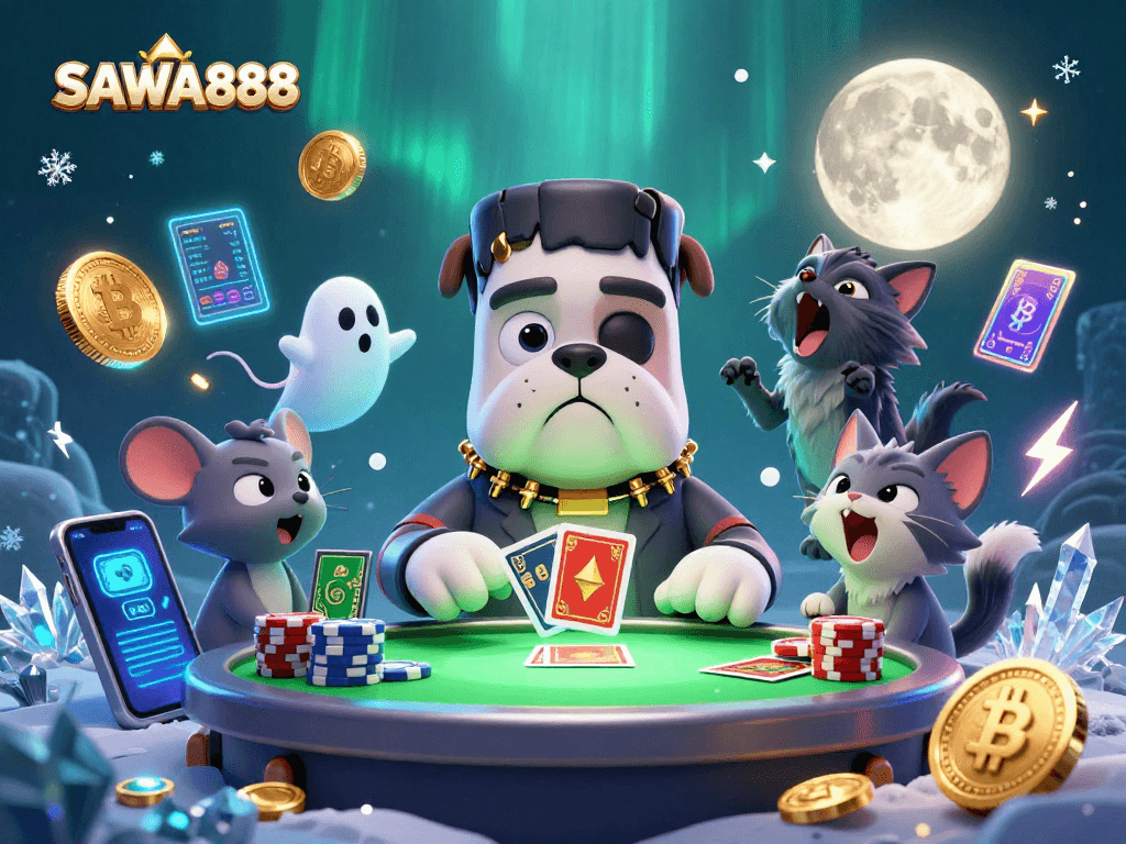 SAWA888 showcases a unique gaming scene with a Frankenstein bulldog dealer and crypto elements for a thrilling casino experience.
