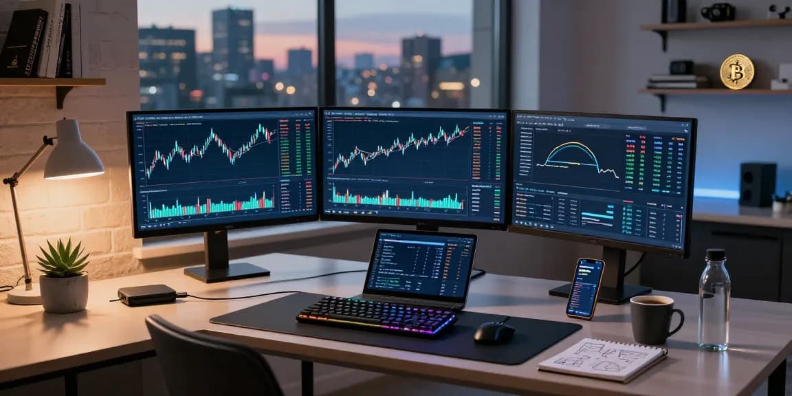 تعافي الأصول الرقمية: مكتب عمل حديث مع شاشات تعرض أسعار العملات المشفرة وتحليل السوق