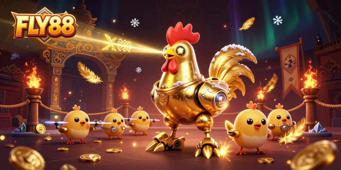 FLY88's dynamic gaming scene with a golden rooster robot and drones amidst swirling feathers and coins