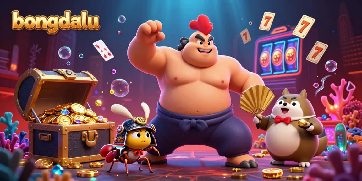 Bongdalu captures a dynamic casino scene with a sumo wrestler, cricket, and tanuki amidst vibrant gambling elements.