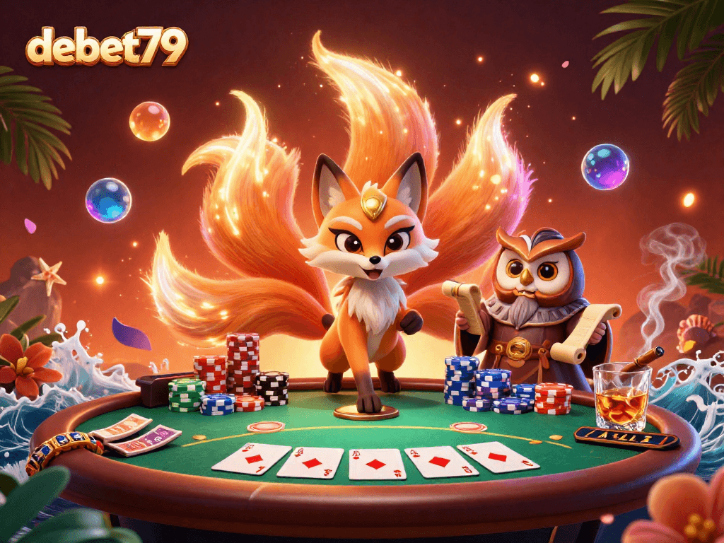 Engage in thrilling games at debet79 with a vibrant illustration of a nine-tailed fox and poker scene.