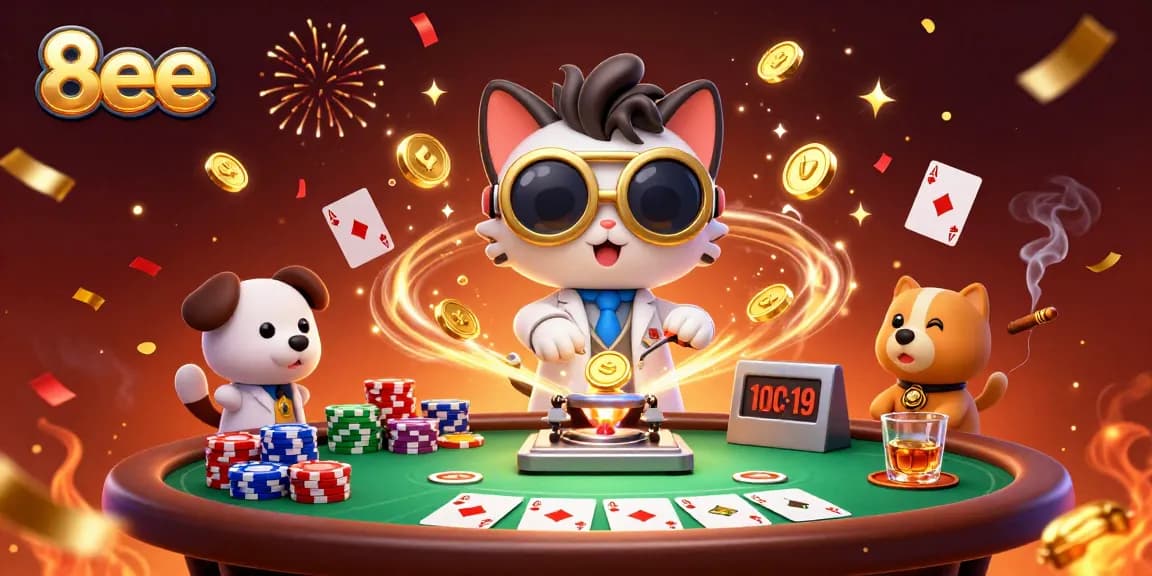 Experience thrilling wins at 8eee with our dynamic casino illustration showcasing exciting poker elements.