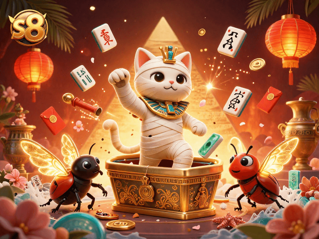 Engage with the vibrant s8 casino adventure featuring a 3D Egyptian mummy cat and magical elements.