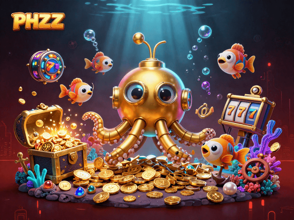 Experience thrilling action with PHZZZ's golden kraken submarine amidst a treasure-filled underwater scene