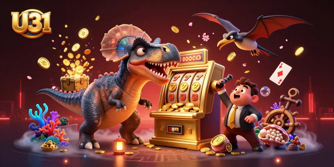 Experience the thrill of U31 with a pachycephalosaurus winning jackpot coins at a golden slot machine!