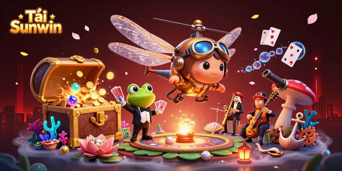 Experience Tải Sunwin with a vibrant underwater casino scene including a dragonfly pilot and a frog dealer.