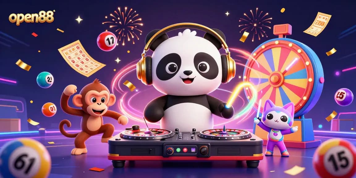 Experience the thrill of open88 through vibrant illustrations of a DJ panda and friends in a dazzling casino atmosphere.