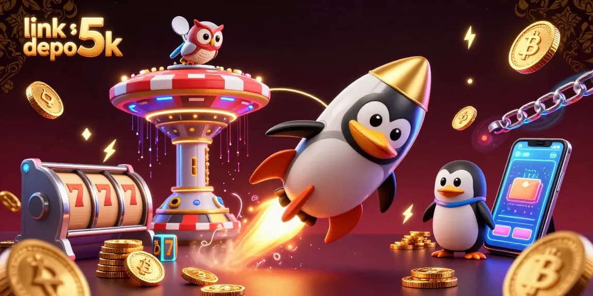 Experience the thrill of linking slot depo 5k with a golden penguin racing to a casino station, surrounded by crypto coins.