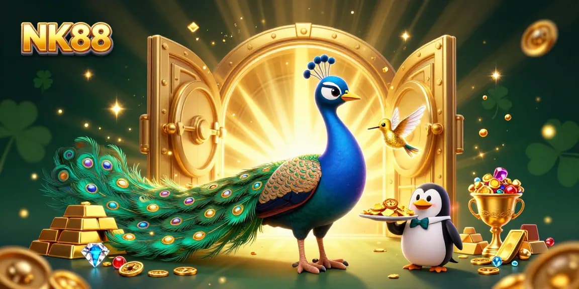 Experience winning at NK88 with an artistic 3D casino scene featuring a majestic peacock and golden treasures.