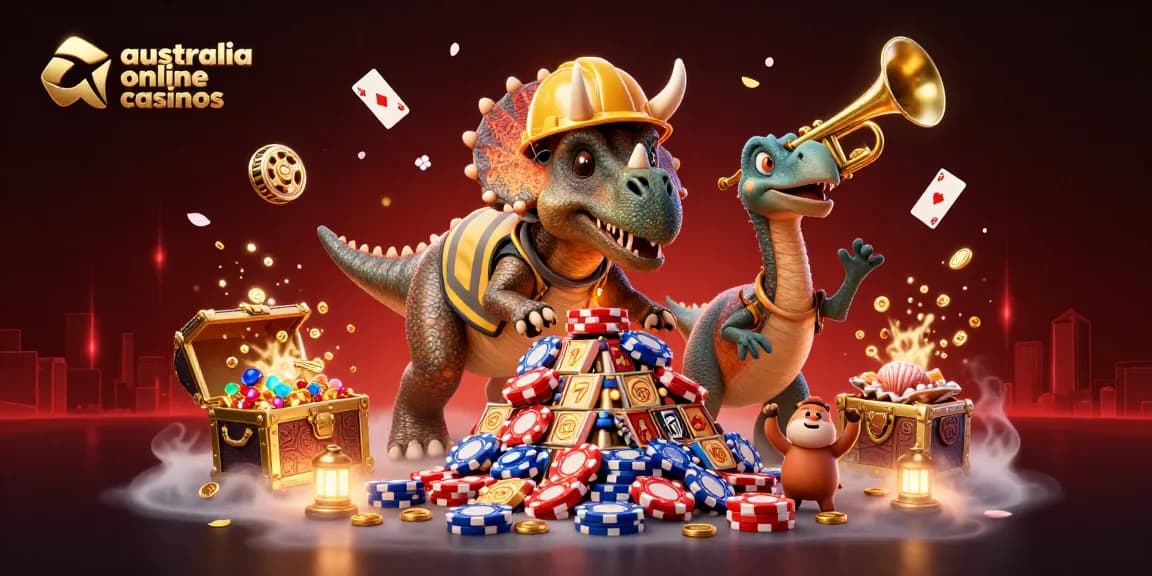 Engage with the thrill of australia online casinos through a vibrant 3D illustration featuring dynamic creatures building a poker chip pyramid.