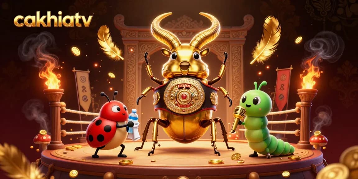 Cakhiatv showcases a vibrant 3D illustration of a boxing stag beetle, themed around sports betting excitement.