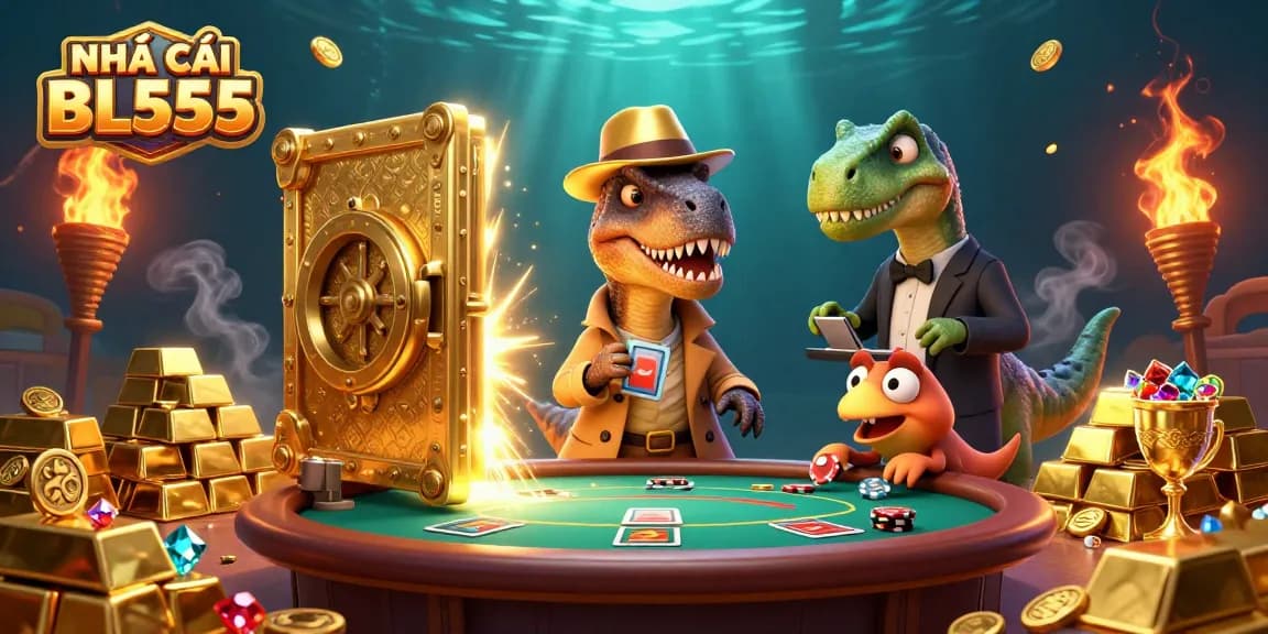 Engage with NHÀ CÁI BL555's exciting blackjack table featuring a velociraptor card counter and stegosaurus pit boss.