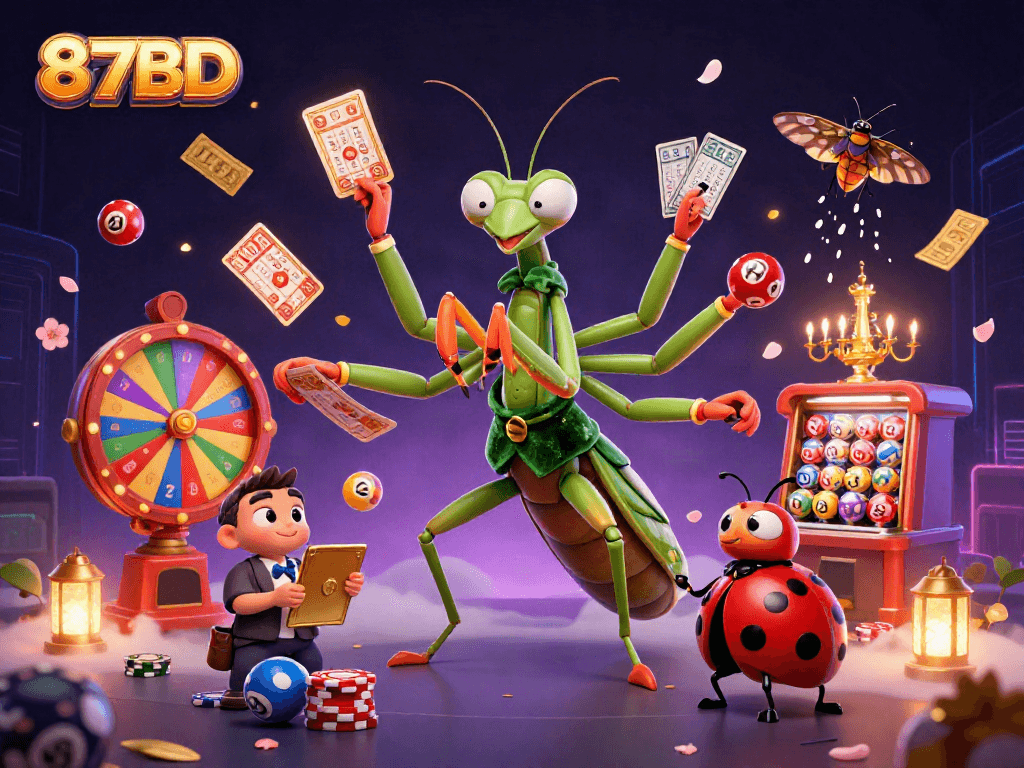 Experience excitement at 87BD with vibrant lottery and bingo elements surrounding a whimsical casino scene.