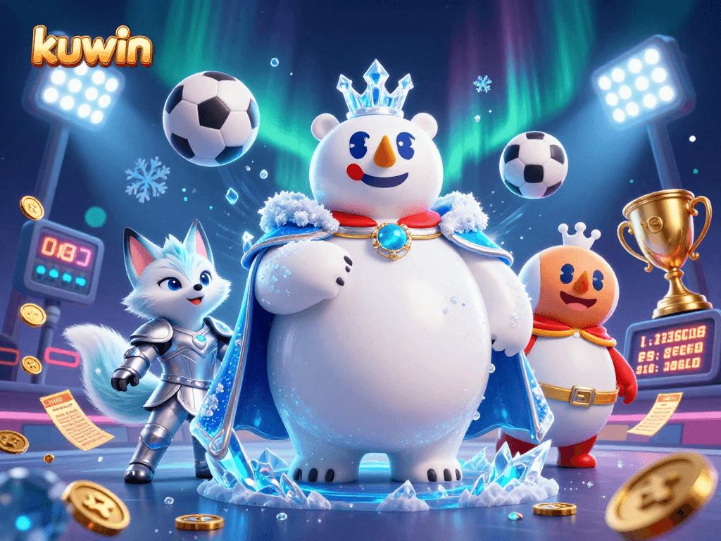 Experience kuwin’s thrilling online gameplay with animated polar bear and snow fox in a festive casino scene.