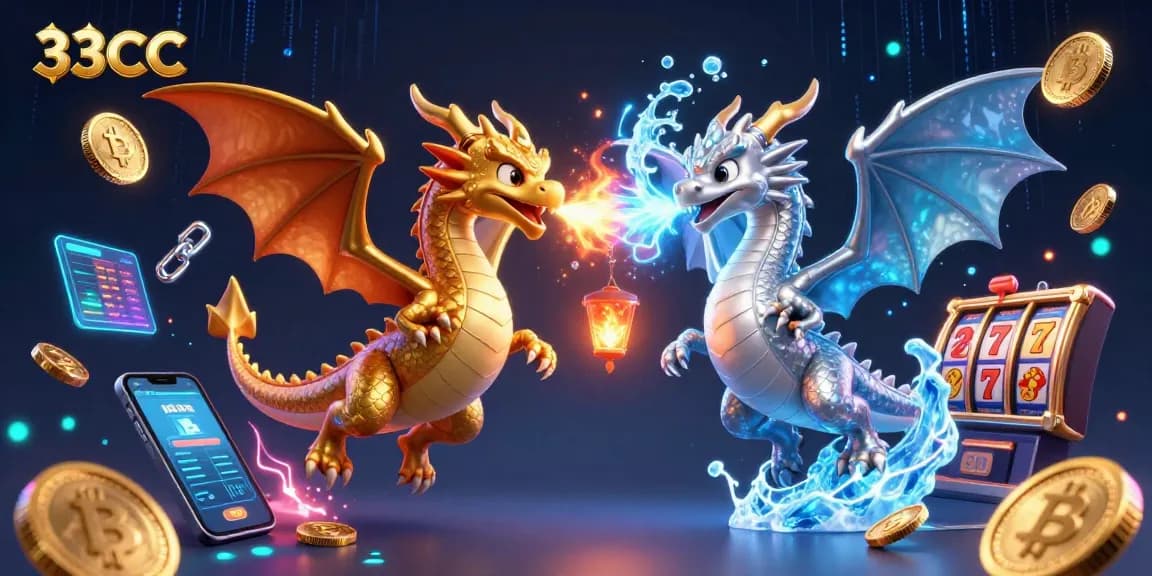 Win big at 33CC with an inviting illustration of gold and silver dragons amongst casino elements.