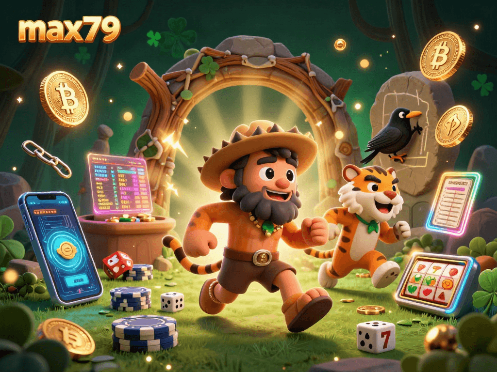Experience the excitement of max79 with a vibrant, prehistoric casino scene featuring unique characters and crypto elements.
