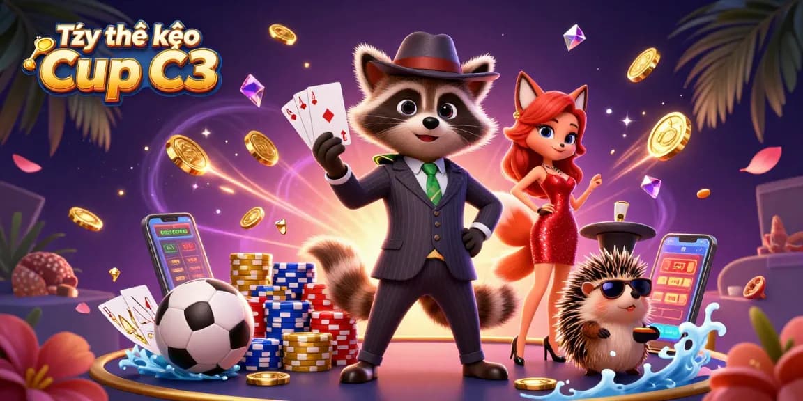 Tỷ lệ kèo Cup C3 illustrated with exciting characters betting on sports, showcasing dynamic casino elements and action.