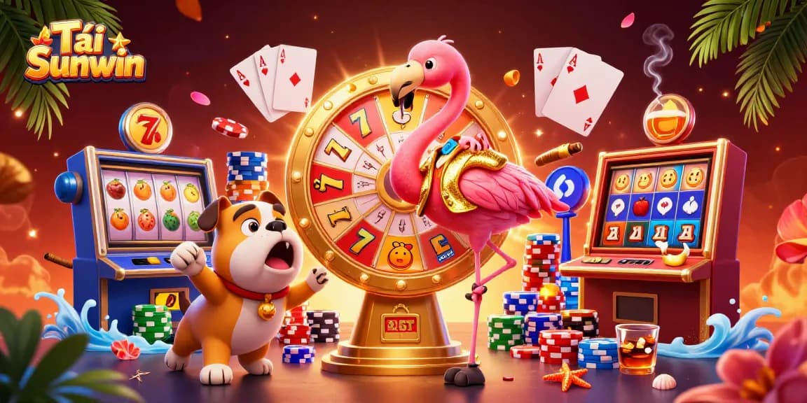Tải Sunwin with vibrant slot machines and excited characters in a stunning casino scene
