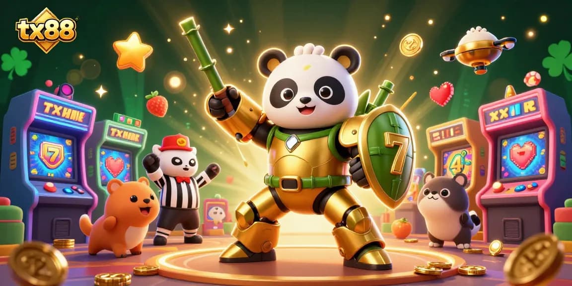Engage with the tx88 slots adventure in this lively 3D scene featuring a golden panda pilot.