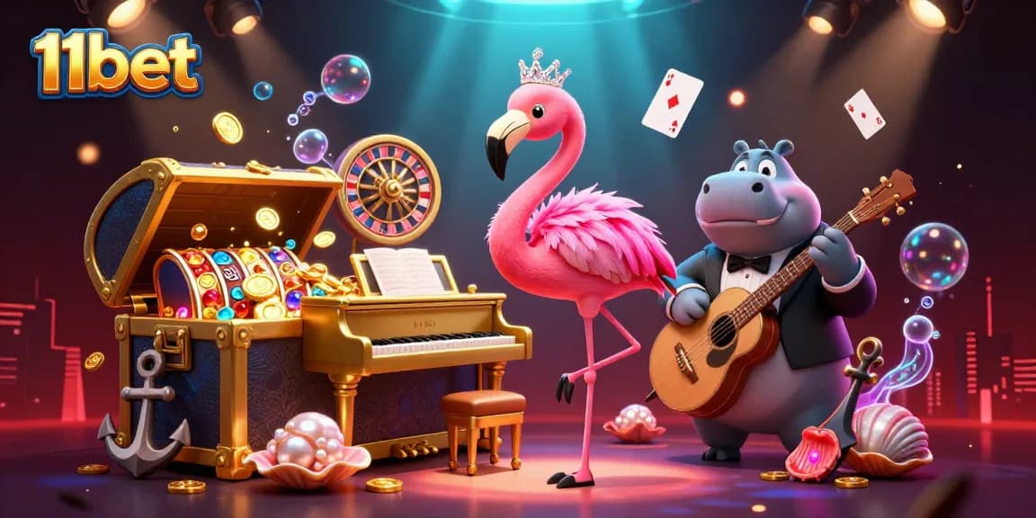 Engage with 11bet's lively casino atmosphere through this vibrant 3D illustration.