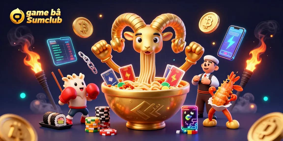 Engage with thrilling game bài Sumclub in a vibrant 3D casino scene featuring colorful characters and crypto elements.