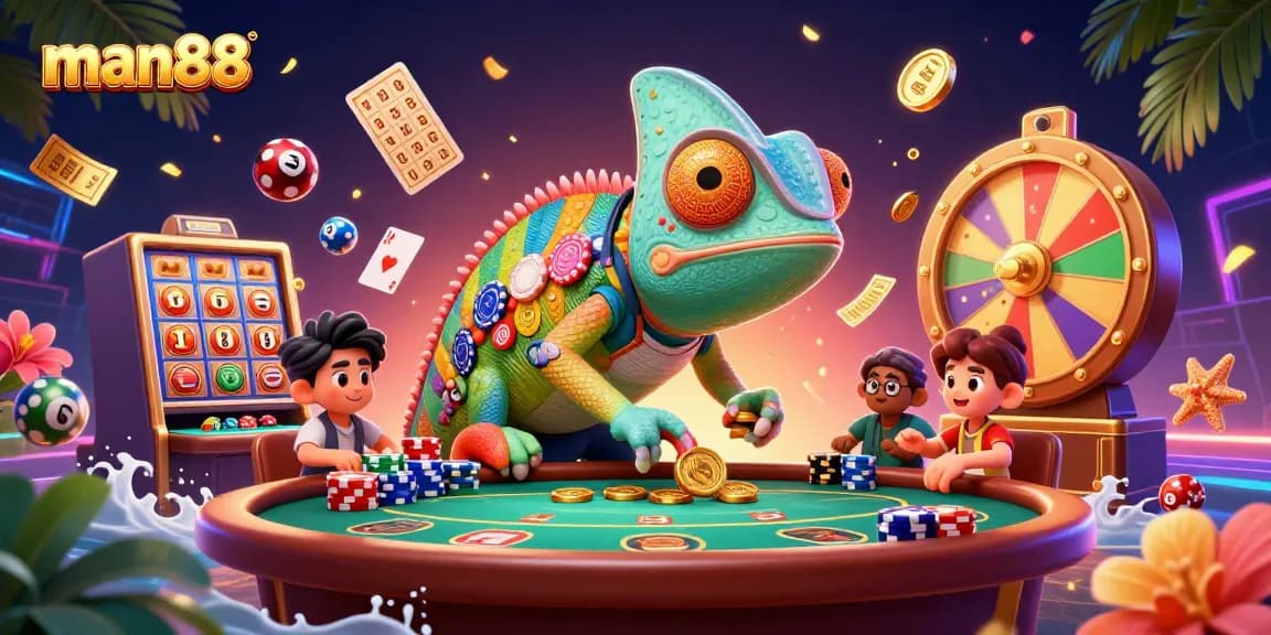 Engage with man88's vibrant casino scene featuring a chameleon and a lively poker atmosphere.