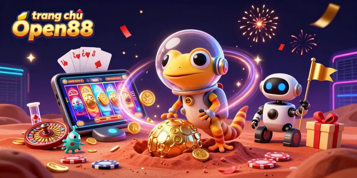 Engage with the thrilling universe of slots at trang chủ Open88 featuring a colorful casino scene on Mars.