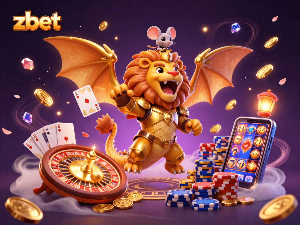 Experience the thrill with zbet's golden casino illustration featuring a triumphant chimera and vibrant game elements.