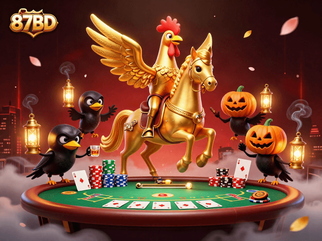 Engage with the vibrant 87BD casino scene featuring a golden rooster and crow companions amidst a poker table and colorful chips.