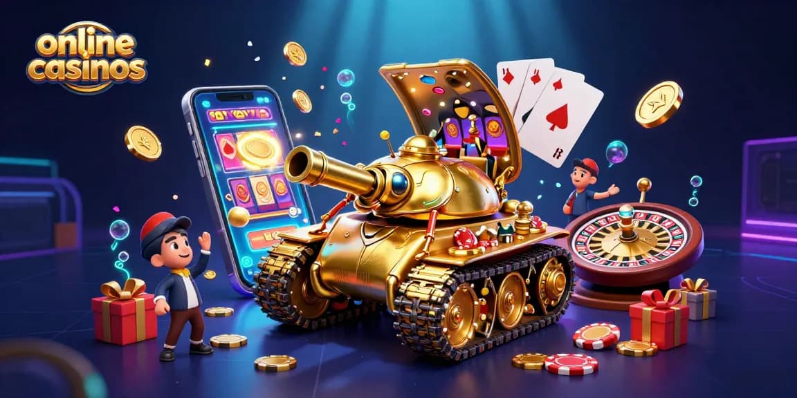Experience online casinos with a vibrant 3D illustration featuring a golden beetle tank casino erupting with excitement.