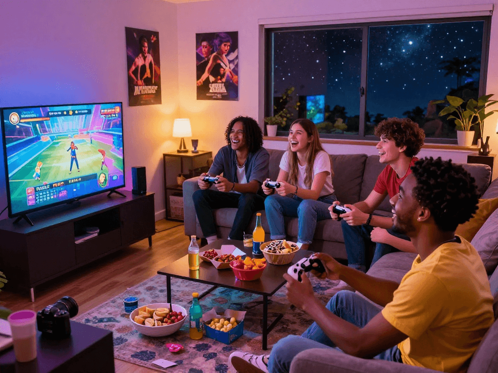 Friends enjoying porngames in a cozy living room, lively atmosphere with snacks and drinks.