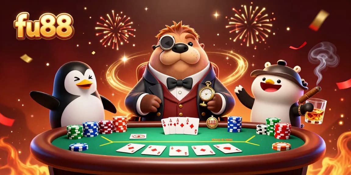 fu88 showcases a lively casino scene with cartoon characters enjoying poker at an underwater table.