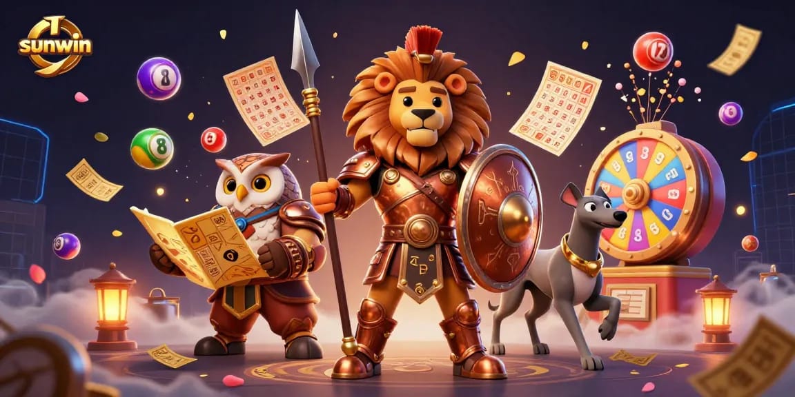 Engage in vibrant lottery action with sunwin's 3D characters amidst colorful games and prizes.
