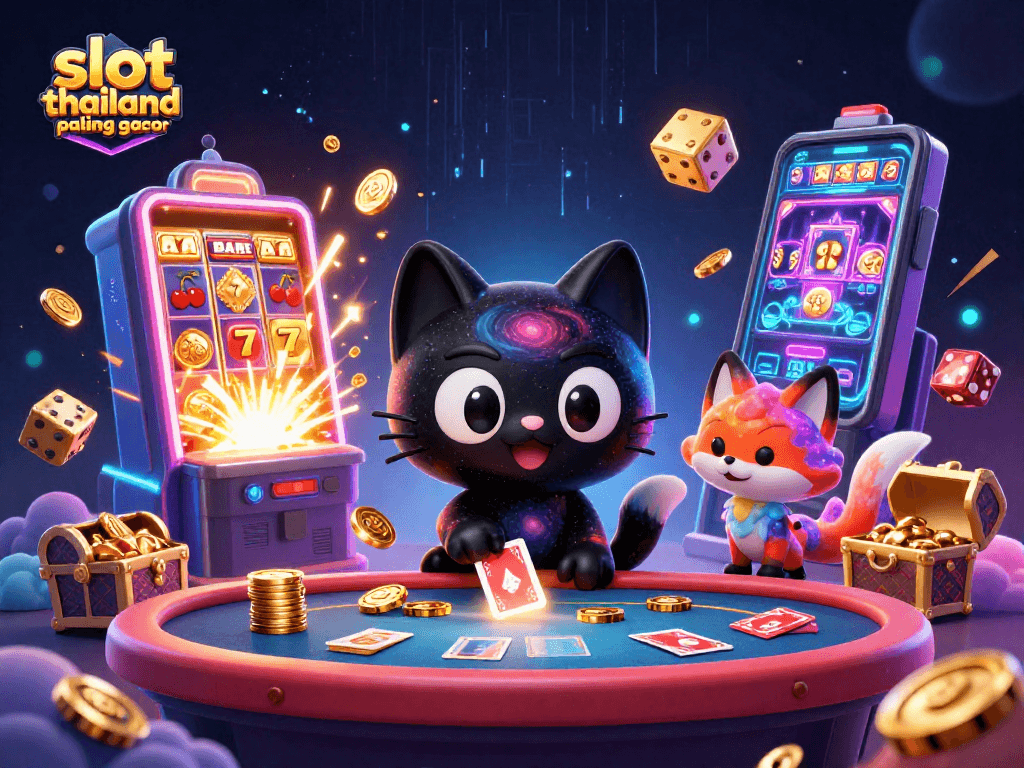 Spin your way to wins with slot thailand paling gacor's dazzling cosmic casino scene featuring a black hole cat.