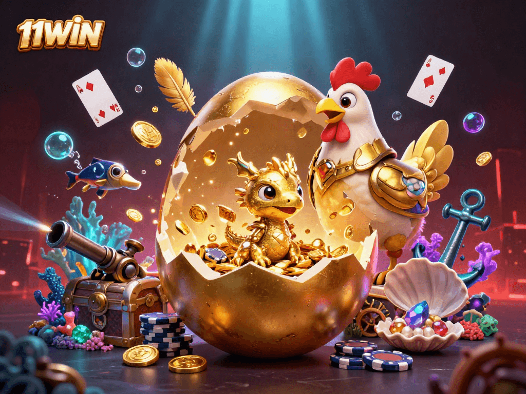 Experience the excitement of 11WIN with highly detailed casino illustration featuring a golden dragon and poker chips.