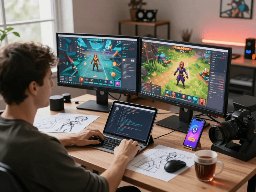 Mobile porn game development scene showing developer at creative workstation with game visuals and coding tools.