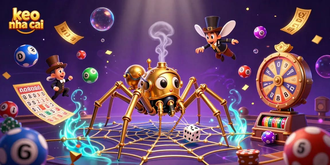 Engaging representation of keo nha cai, showcasing a steampunk spider and dynamic gambling elements in a vibrant casino scene.