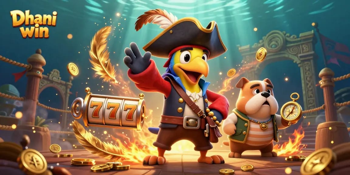 Dhani win pirate gaming scene with slots and coin elements, engaging players in a thrilling atmosphere.